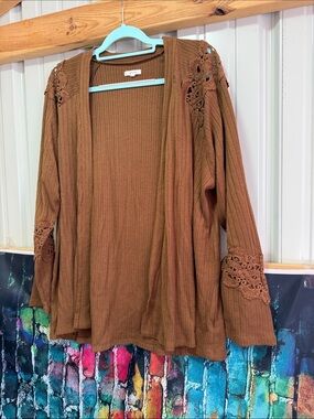 Maurices Brown Ribbed Open-Front Cardigan with Lace Accents XXL